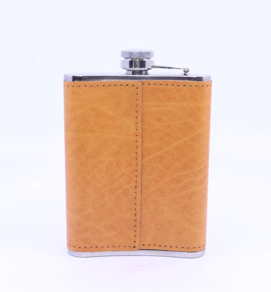 Turuncu Deri Kaplama Cep Matarası/Flask 8 OZ - Resim 5