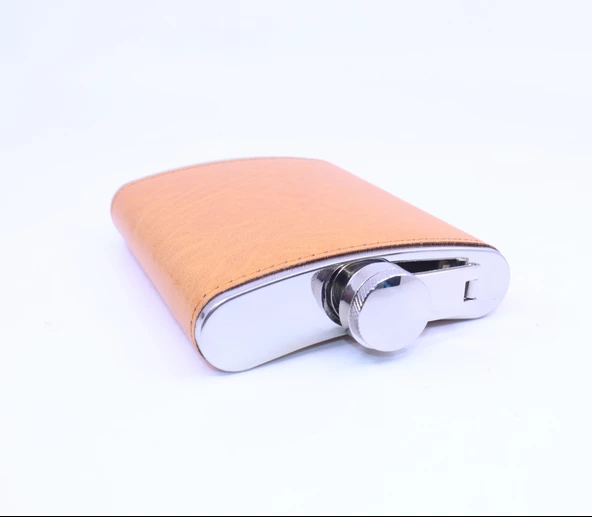 Turuncu Deri Kaplama Cep Matarası/Flask 8 OZ - Resim 6