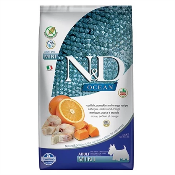 N&D Ocean Bal Kabaklı Morina Balıklı ve Portakallı Küçük Irk Tahılsız Yetişkin Köpek Maması 2,5kg ürün görseli 1