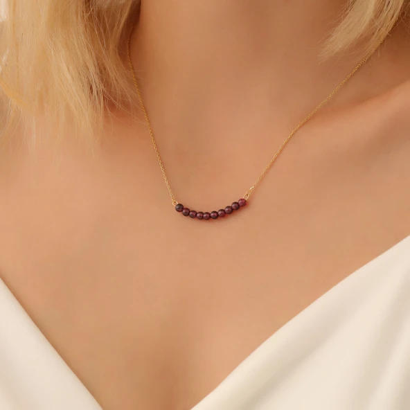 14 Ayar Altın Mikron Kaplama Doğal Garnet Taşlı Gümüş Kolye - Minimal Lal Taşlı Doğal Taş Boncuk Kolye ürün görseli 1