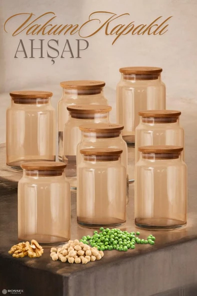 Rossel Premium 9lu Kaliteli Ahşap Kapaklı Cam Kavanoz SER85 800ML ÇDR ürün görseli 1