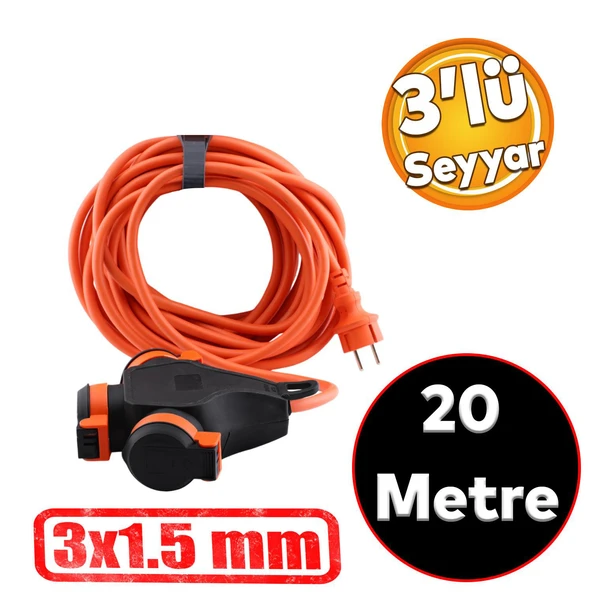 Monofaze Çoğaltıcı Seyyar Topraklı 3'lü Grup Priz Fiş 20 Metre Çoklu Asmalı Uzatma Kablosu 3x1.5 mm ürün görseli 1