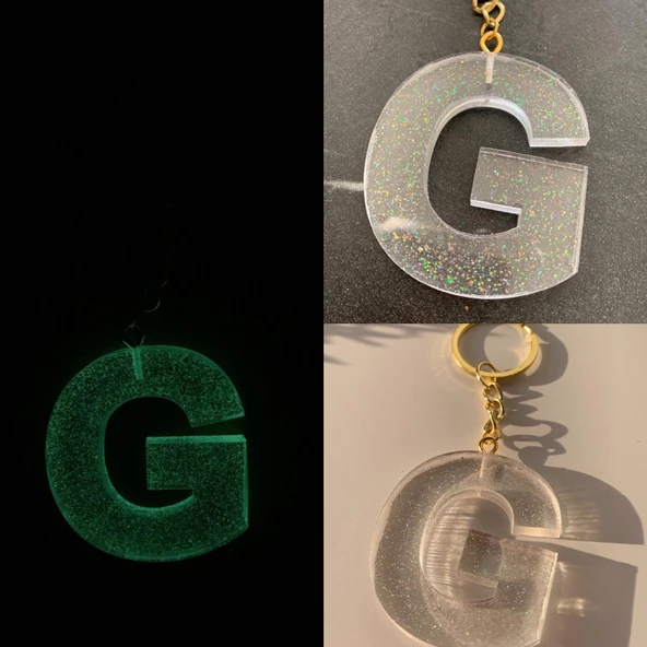 G Harfi Fosforlu Neon Yeşil Renk Parlak Simli Gold Aksesuarlı Anahtarlık El Yapımı Epoksi Hediyelik ürün görseli 1