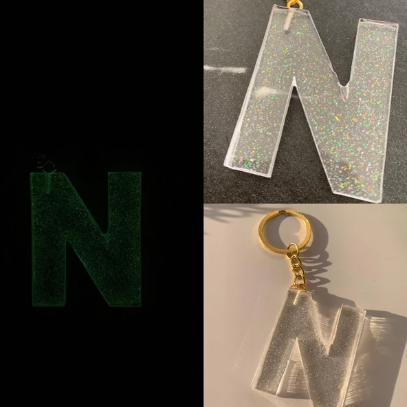 N Harfi Fosforlu Neon Yeşil Renk Parlak Simli Gold Aksesuarlı Anahtarlık El Yapımı Epoksi Hediyelik ürün görseli 1