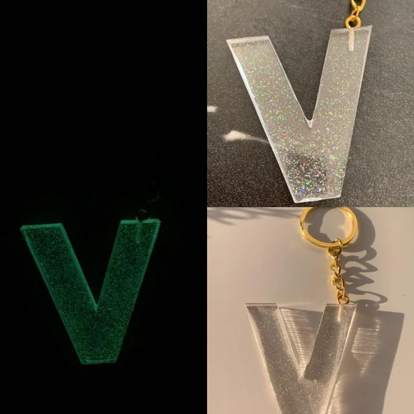V Harfi Fosforlu Neon Yeşil Renk Parlak Simli Gold Aksesuarlı Anahtarlık El Yapımı Epoksi Hediyelik ürün görseli 1