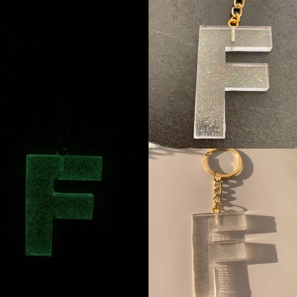 F Harfi Fosforlu Neon Yeşil Renk Parlak Simli Gold Aksesuarlı Anahtarlık El Yapımı Epoksi Hediyelik ürün görseli 1