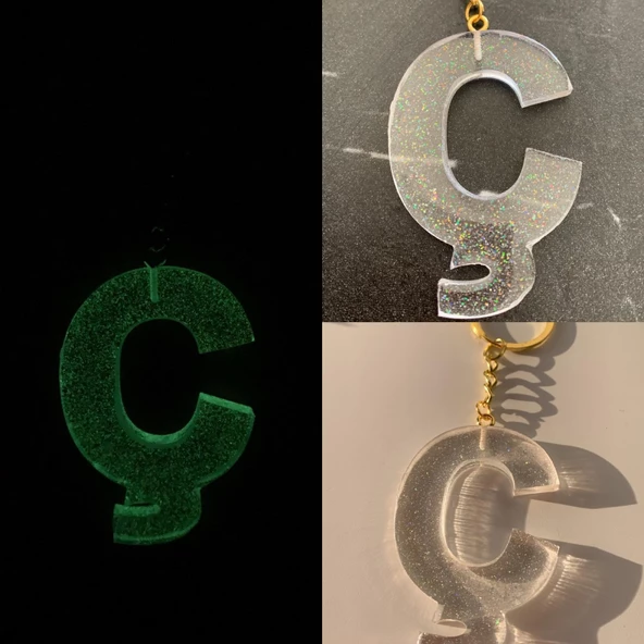 Ç Harfi Fosforlu Neon Yeşil Renk Parlak Simli Gold Aksesuarlı Anahtarlık El Yapımı Epoksi Hediyelik ürün görseli 1