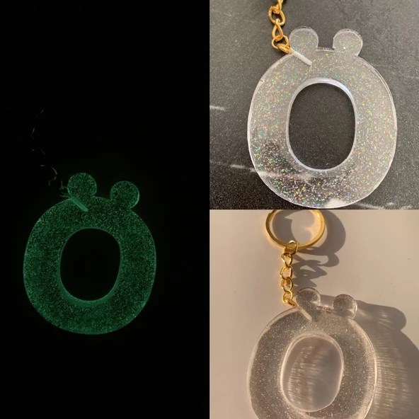 Ö Harfi Fosforlu Neon Yeşil Renk Parlak Simli Gold Aksesuarlı Anahtarlık El Yapımı Epoksi Hediyelik ürün görseli 1