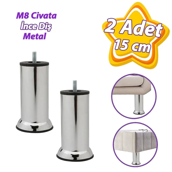 2 Adet Metal Destek Ayağı 15 Cm Krom Mobilya Kanepe Baza Koltuk Ünite Ayakları Metrik 8 Civatalı İnce Diş ürün görseli 1