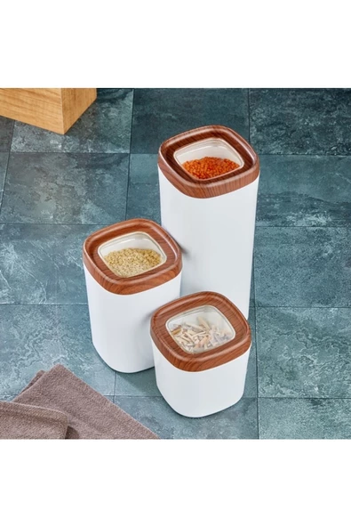 Mugiss Saklama Kabı Ahşap Kaplama Kapak Beyaz Renkli Hazne 3'lü Set 1800ml 1000ml 600ml ürün görseli 1