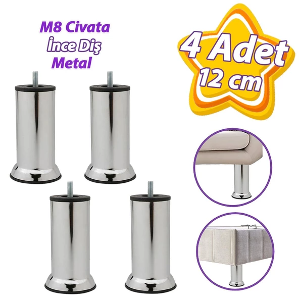 4 Adet Metal Destek Ayağı 12 Cm Krom Mobilya Kanepe Baza Koltuk Ünite Ayakları Metrik 8 Civatalı İnce Diş ürün görseli 1
