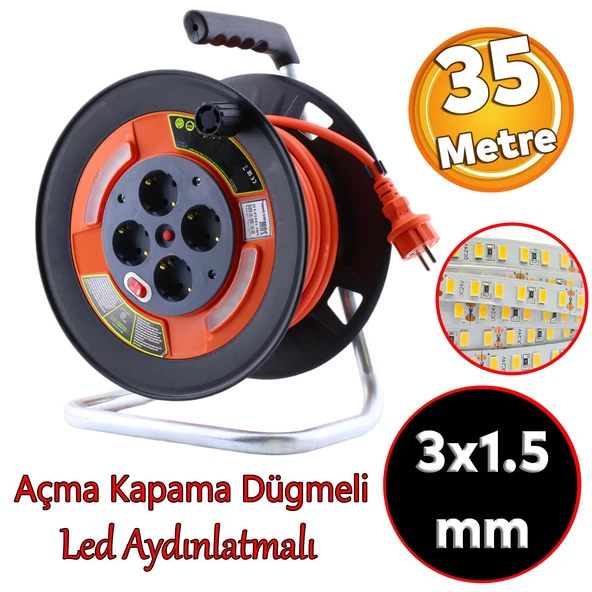 Plastik Makaralı Seyyar CCA Kablo 4 Prizli Monofaze Uzatma Kablosu 3x1.5 mm TTR Kablo 35 Metre ürün görseli 1