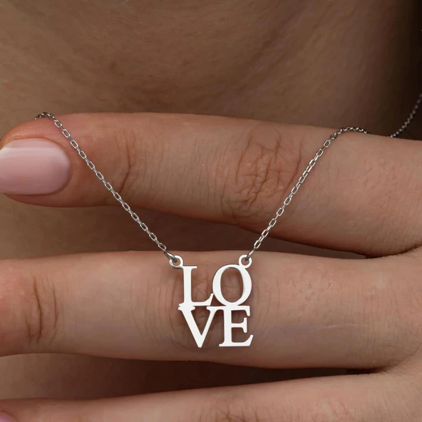 Love Yazılı 925 Gümüş Kolye - Resim 5