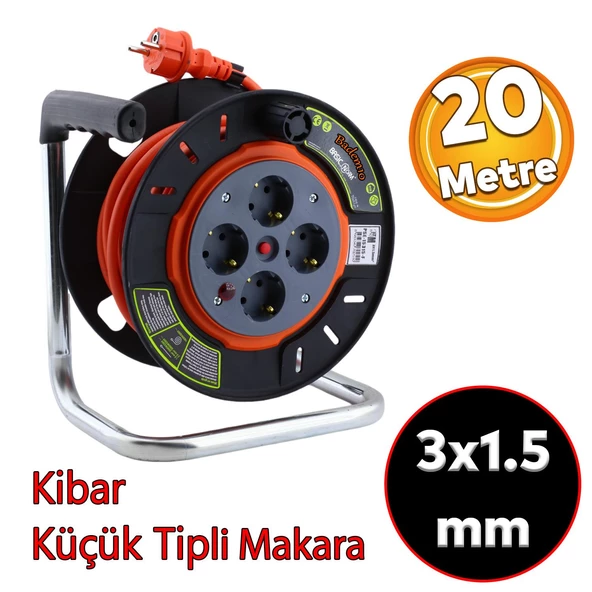 Plastik Küçük Makaralı Seyyar CCA Kablo 4 Priz Monofaze Uzatma Kablosu 3x1.5 mm TTR Kablo 20 Metre ürün görseli 1