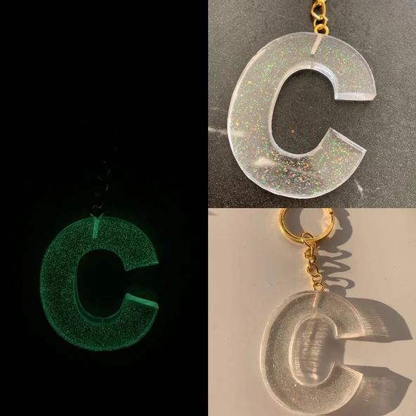 C Harfi Fosforlu Neon Yeşil Renk Parlak Simli Gold Aksesuarlı Anahtarlık El Yapımı Epoksi Hediyelik ürün görseli 1