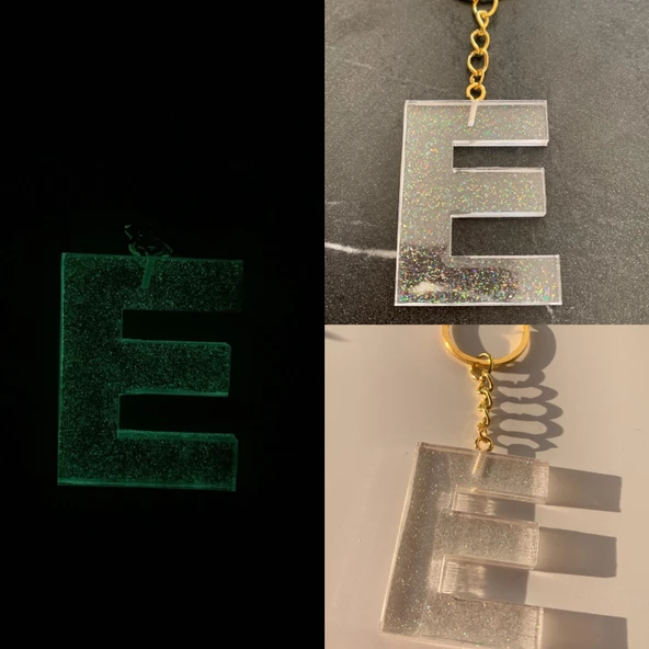 E Harfi Fosforlu Neon Yeşil Renk Parlak Simli Gold Aksesuarlı Anahtarlık El Yapımı Epoksi Hediyelik ürün görseli 1