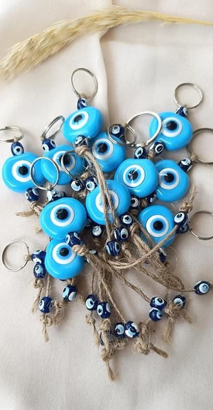 Nazar Boncuk Anahtarlık Mavi 10 Adet Kötü Göz Kovucu Nazar Hand Made Hasır Nazarlı Anahtarlık ürün görseli 1
