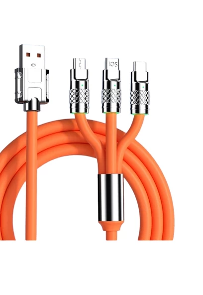 120W 6A 3İn1 Type C -Micro Usb-Lightning 1.2 M Hızlı Şarj Ve Data Kablosu Turuncu ürün görseli 1