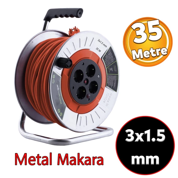 Metal Makaralı Seyyar CCA Kablo 4 Prizli Monofaze Uzatma Kablosu 3x1.5 mm TTR Kablo 35 Metre ürün görseli 1