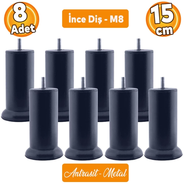 Mobilya Baza Metal Antrasit 15 cm M8 Ince Diş Kanepe Koltuk Çekyat Yükseltme Ayağı Ayakları 8 Adet ürün görseli 1