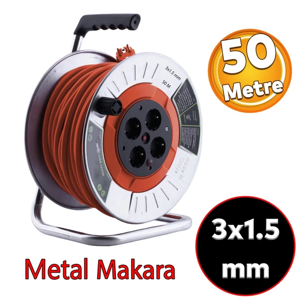 Metal Makaralı Seyyar CCA Kablo 4 Prizli Monofaze Uzatma Kablosu 3x1.5 mm TTR Kablo 50 Metre ürün görseli 1
