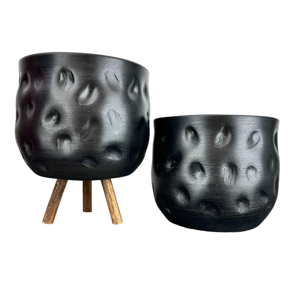 Bitki Tasarımı  Siyah Desenli Toprak Saksı Saksılık Salon Çiçeklik İkili Set Ayaksız - 3 Ayaklı- 19 CM ürün görseli 1