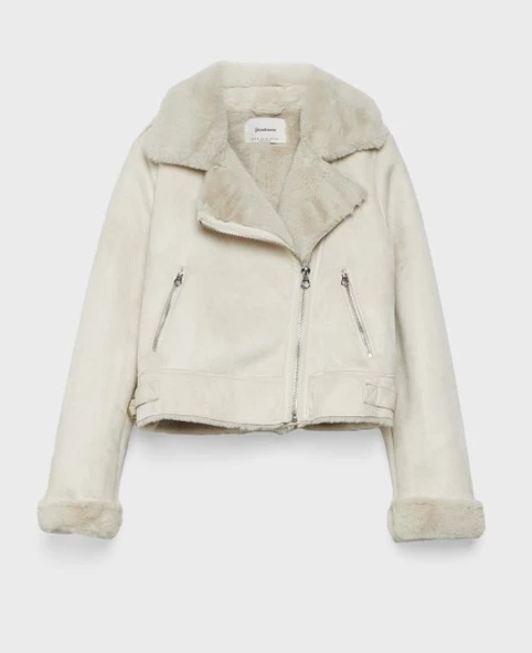 Stradivarius Suni kürklü ve suni yünlü astar detaylı kısa crop biker ceket ürün görseli 1