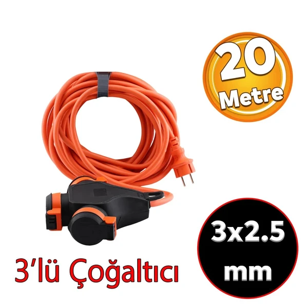Monofaze Çoğaltıcı Seyyar Topraklı 3'lü Grup Priz Fiş 20 Metre CCA Kablo Uzatma Kablosu 3x2.5 mm ürün görseli 1