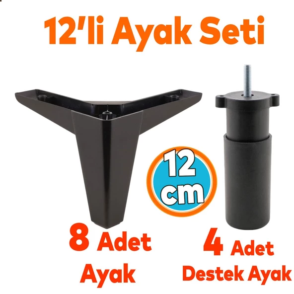 Mobilya Yükseltici TV Ünitesi Çekyat Koltuk Kanepe Destek Ayağı 12 cm Siyah Baza Ayak 12'li Set ürün görseli 1