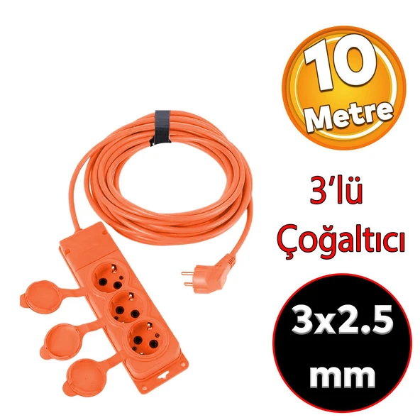 Monofaze Çoğaltıcı Seyyar Topraklı Kapaklı 3'lü Grup Priz Fiş 10 Metre CCA Uzatma Kablosu 3x2.5 mm ürün görseli 1