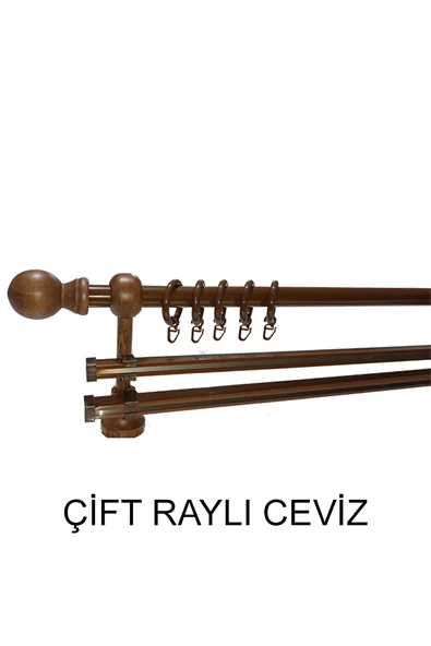 KLASİK AHŞAP RUSTİK PERDE ASKISI Çift Raylı 28 MM BORU Ceviz ürün görseli 1