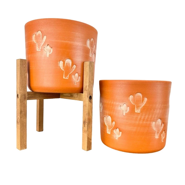 Bitki Tasarımı  Kaktüs Desenli Toprak Saksı Saksılık Salon Çiçeklik İkili Set Ayaksız - 4 Ayaklı- 19 CM ürün görseli 1