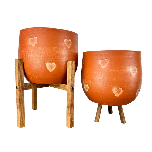 Bitki Tasarımı Kalp Desenli Toprak Saksı Saksılık Salon Çiçeklik İkili Set 3 Ayaklı- 4 Ayaklı- 19 CM ürün görseli 1