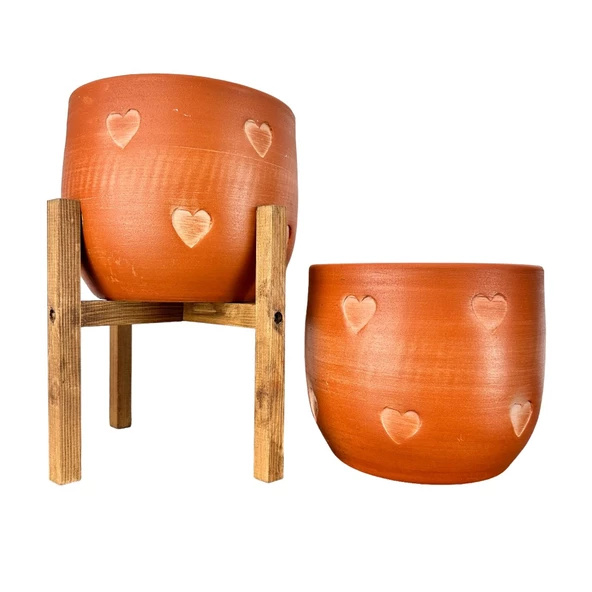 Bitki Tasarımı Kalp Desenli Toprak Saksı Saksılık Salon Çiçeklik İkili Set Ayaksız - 4 Ayaklı- 19 CM ürün görseli 1