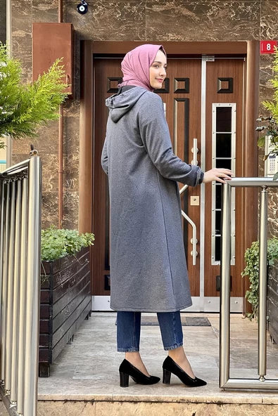 Kapşonlu Tesettür Kap Antrasit - Resim 5
