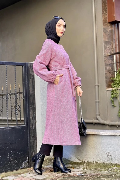 Düğmeli Kaşe Kap Pudra - Resim 2