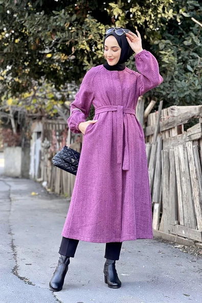 Düğmeli Kaşe Kap Mürdüm - Resim 4