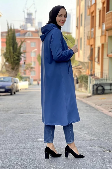 Kapşonlu Tesettür Kap İndigo - Resim 5