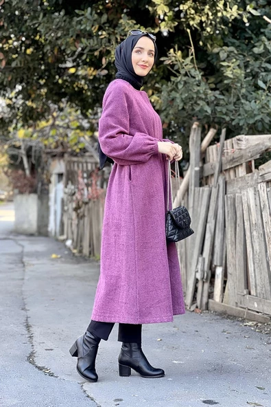 Düğmeli Kaşe Kap Mürdüm - Resim 5
