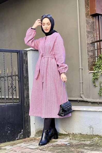 Düğmeli Kaşe Kap Pudra - Resim 4