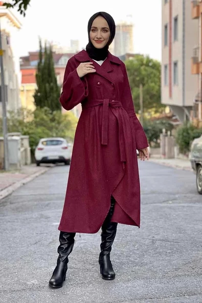 Kaşe Kaban Bordo - Resim 2