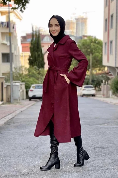 Kaşe Kaban Bordo - Resim 3