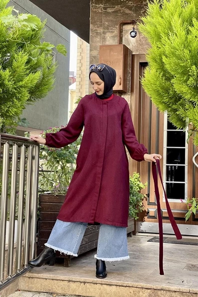 Düğmeli Kaşe Kap Bordo - Resim 4