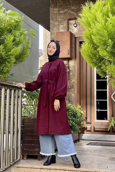 Düğmeli Kaşe Kap Bordo - Resim 3
