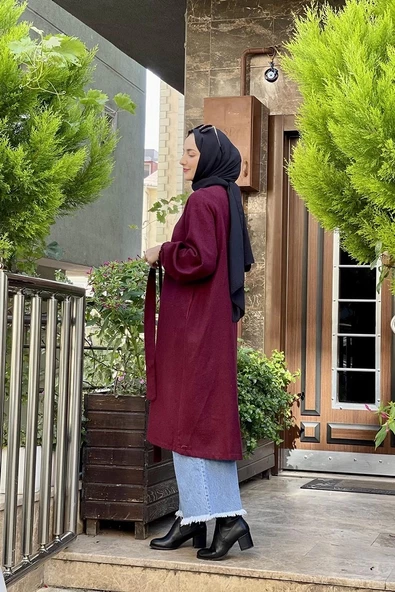 Düğmeli Kaşe Kap Bordo - Resim 5