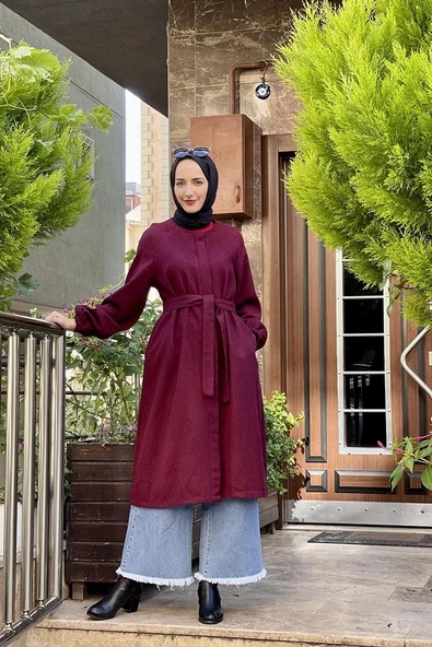 Düğmeli Kaşe Kap Bordo - Resim 2