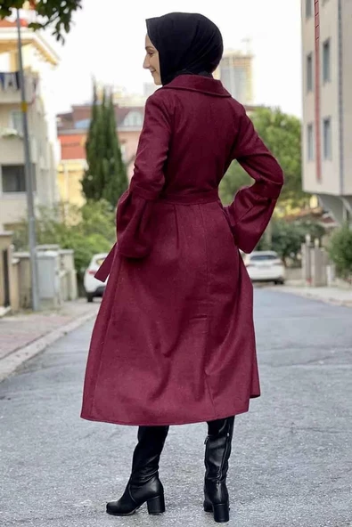 Kaşe Kaban Bordo - Resim 5