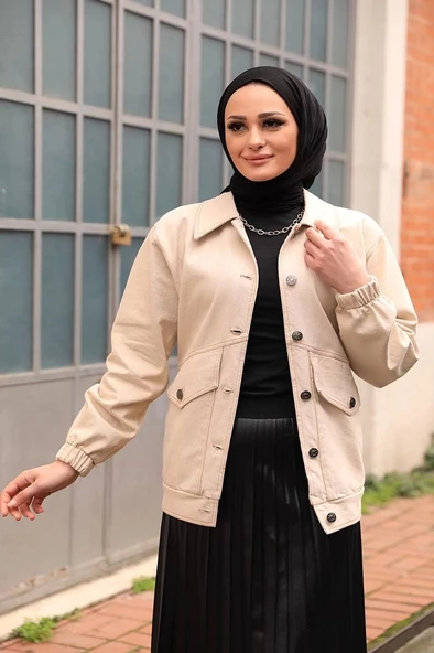 Düğmeli Kot Ceket Bej - Resim 5
