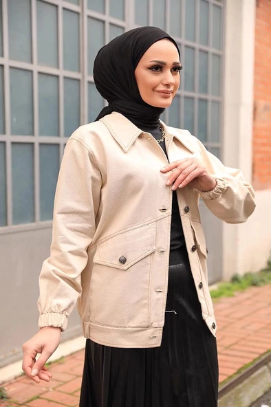 Düğmeli Kot Ceket Bej - Resim 3
