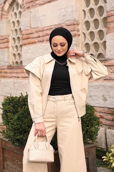 Omuz Detaylı  Kot Ceket Bej - Resim 2